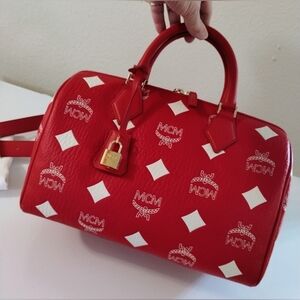 MCM Boston Bag/Satchel Limited Edition Red And White Visetos
